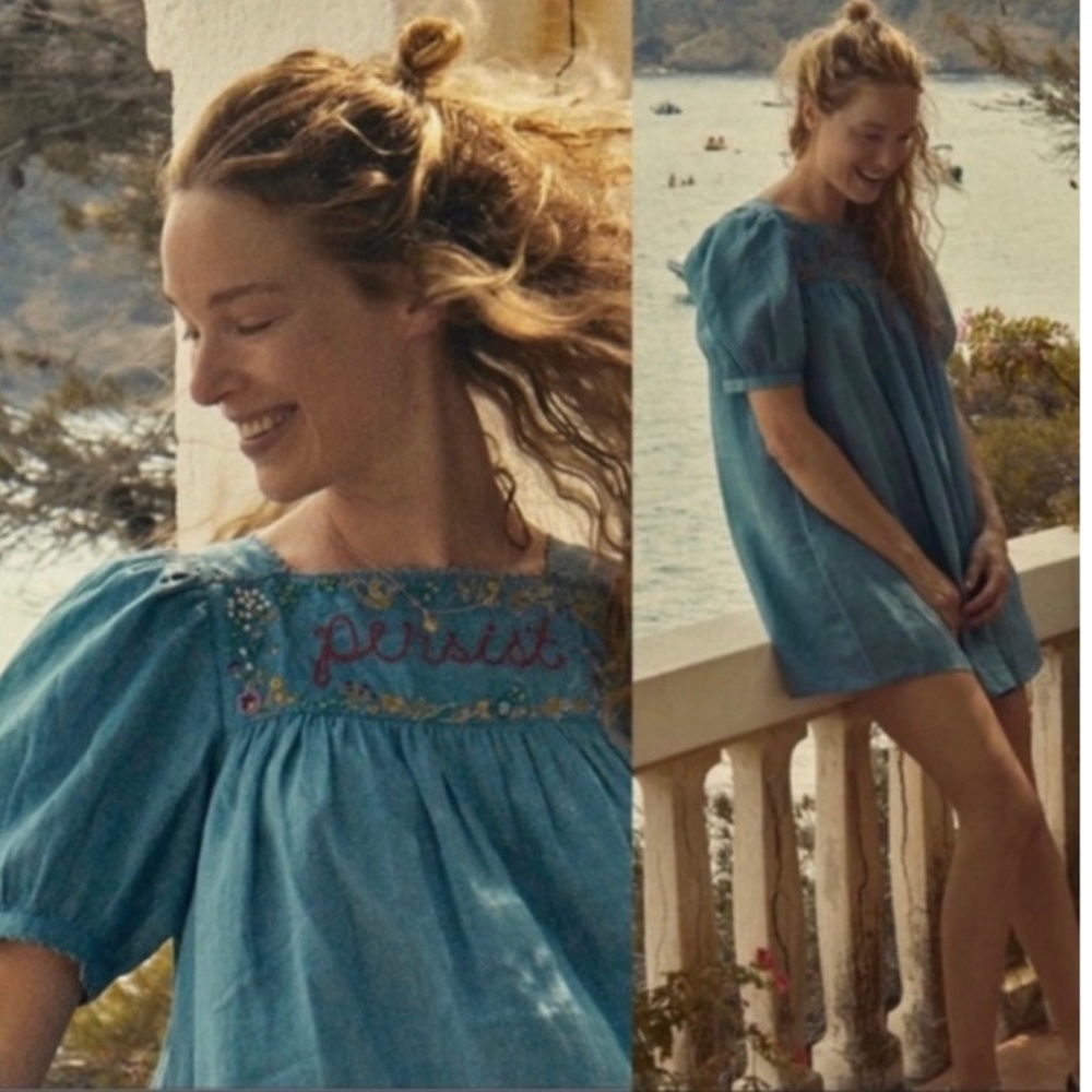 Doen Dresses | Doen Mica Mini Dress in blue Persist Embroidery